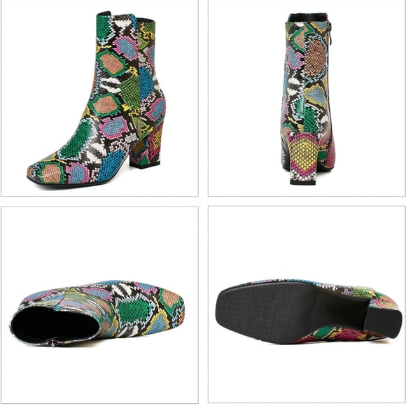 Women's Square Toe Block Heels Chunky High Heeled Side Zipper Ankle Boots - Picture 3 of 5